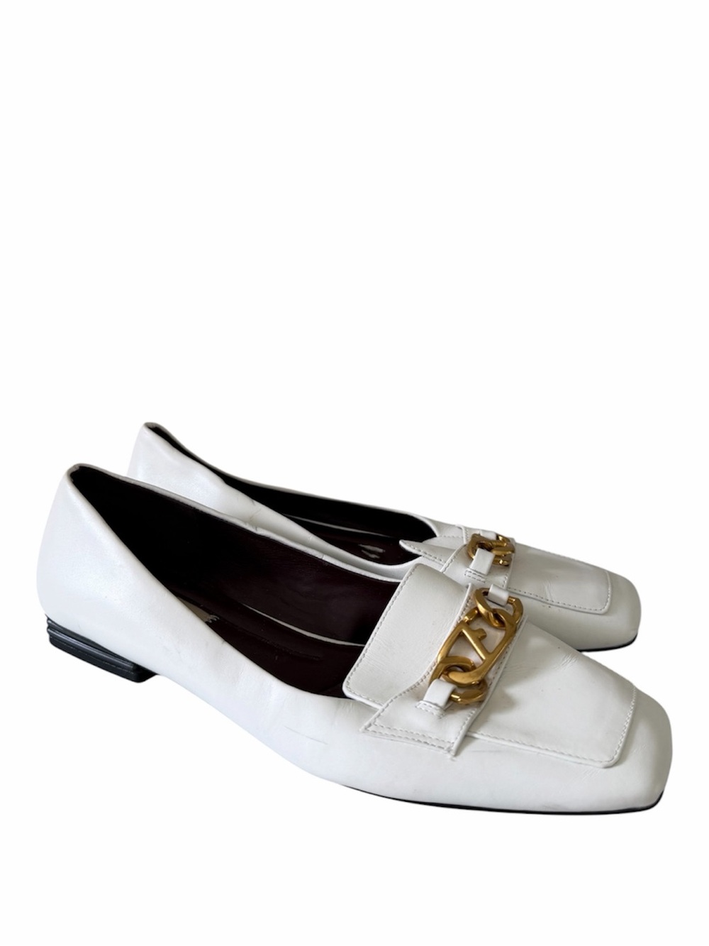 Franco Sarto White Leather Square Toe Gold Chain Loafers